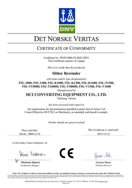 HCI 分条机系列机种通过欧盟CE认证